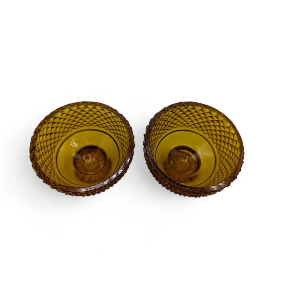Vintage Amber Gold Glass Set of 2 Dessert Dish Cup Diamond Cut Design Bowls